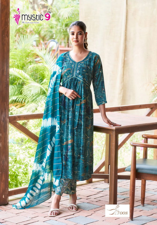 Pooja Vol 7 By Mystic 9 Rayon Aliya Cut Kurti With Bottom Dupatta Wholesale Online
